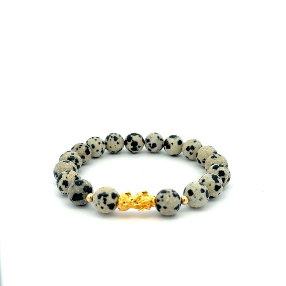 18K Gold Dragon Pixiu Piyao Lucky Bracelet Beads Gemstone Dalmatian Jasper 8mm - Picture 7 of 8
